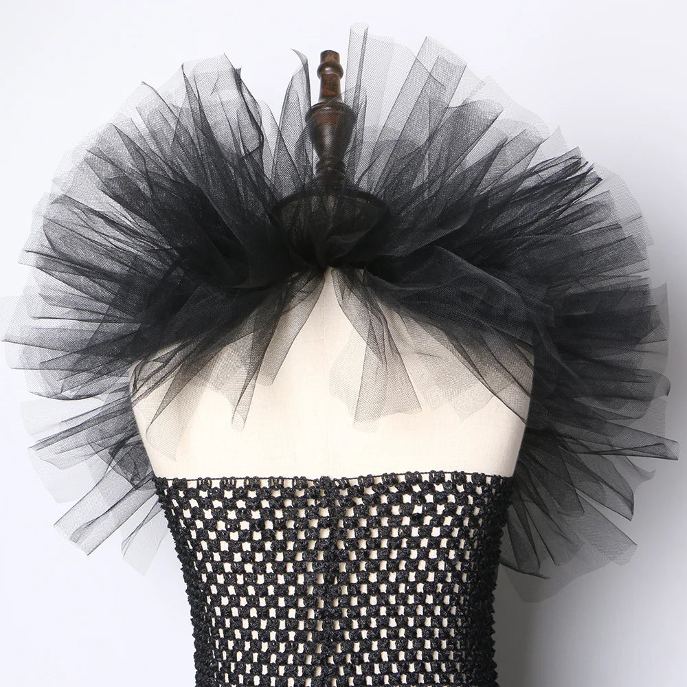 Girls Black Evil Queen Maleficent Tutu Dress Horns Wings Dark Witch Cosplay Carnival Halloween Costume for Kids Fancy Clothes
