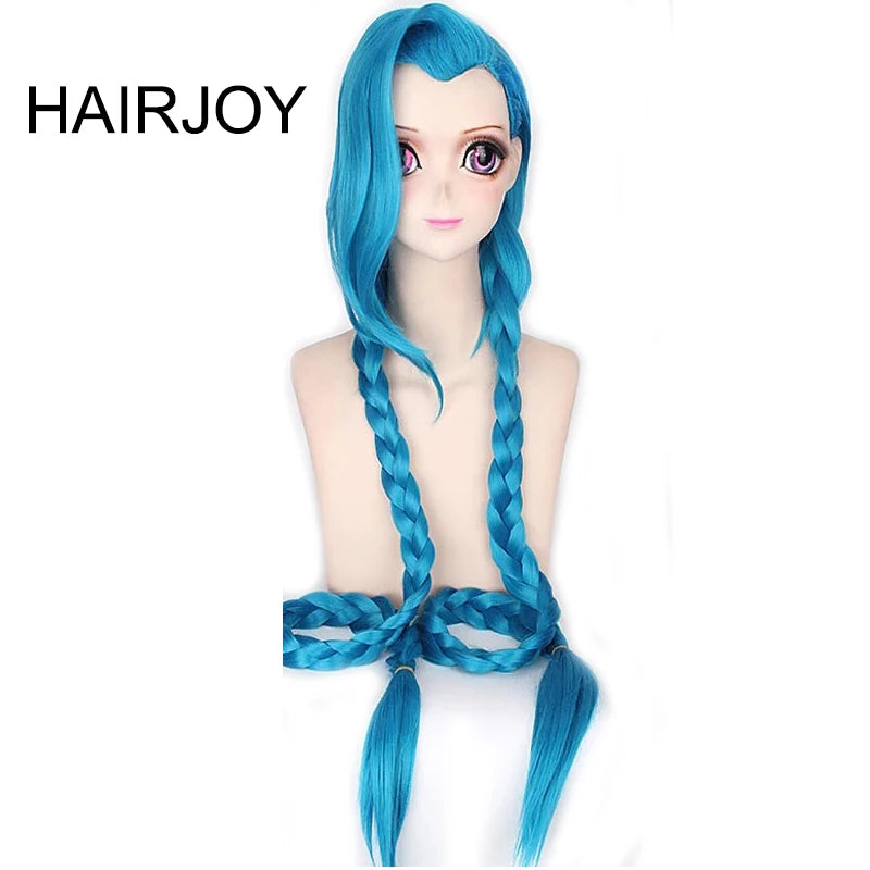 HAIRJOY Cosplay Lol Jinx 100cm Long Blue with Double Braids  Halloween  Anime Costume Wig Heat Resistant Synthetic Hair