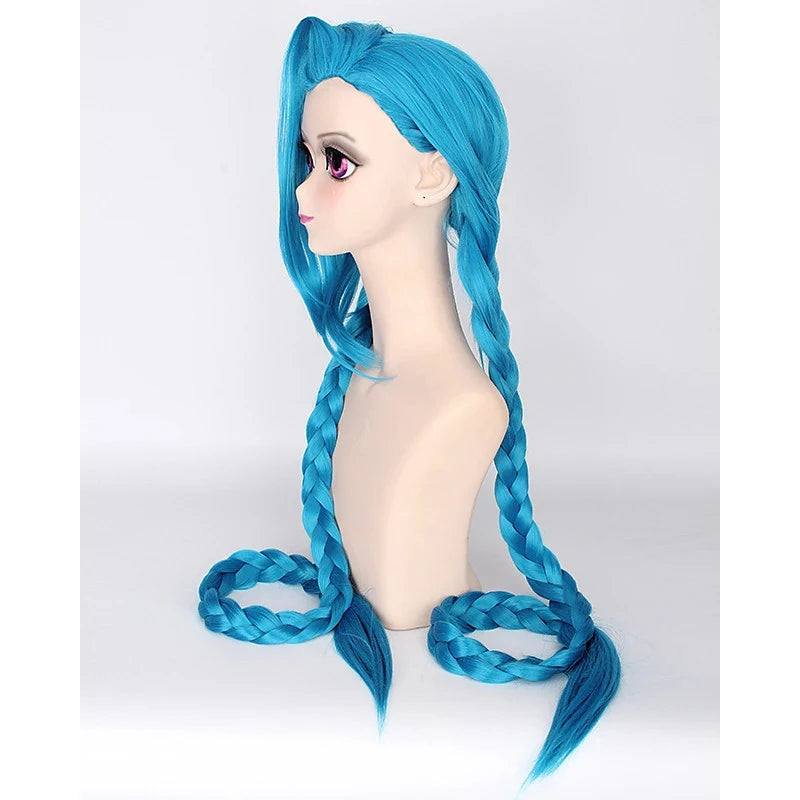HAIRJOY Cosplay Lol Jinx 100cm Long Blue with Double Braids  Halloween  Anime Costume Wig Heat Resistant Synthetic Hair