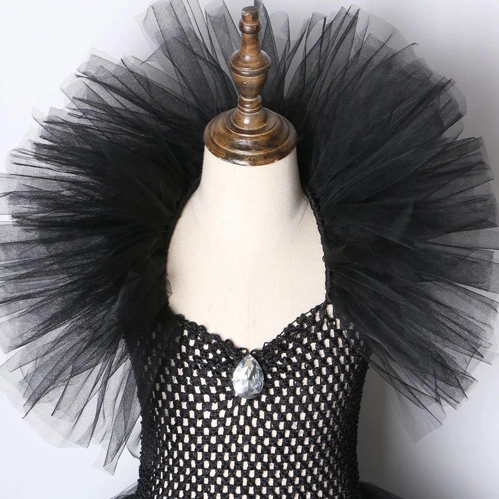 Girls Black Evil Queen Maleficent Tutu Dress Horns Wings Dark Witch Cosplay Carnival Halloween Costume for Kids Fancy Clothes