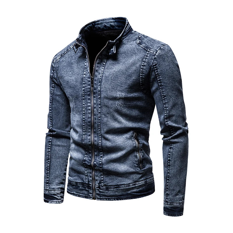 Jean jacket men's autumn and winter 2023 new fashion cool retro fashion slim stand collar motorcyclejacket