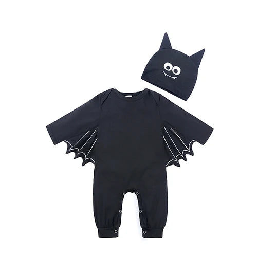 2025 Baby Halloween Romper Print Hat+Romper Bat Cosplay Costume Bag Gift Boy Girl Bone Pumpkin Bodysuit Vampire Clothes