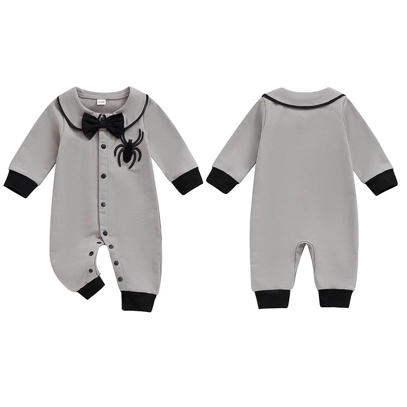 Suefunskry Baby Boy Halloween Romper Embroidery Bow Tie Long Sleeve Lapel Neck Button-up Fall Jumpsuit
