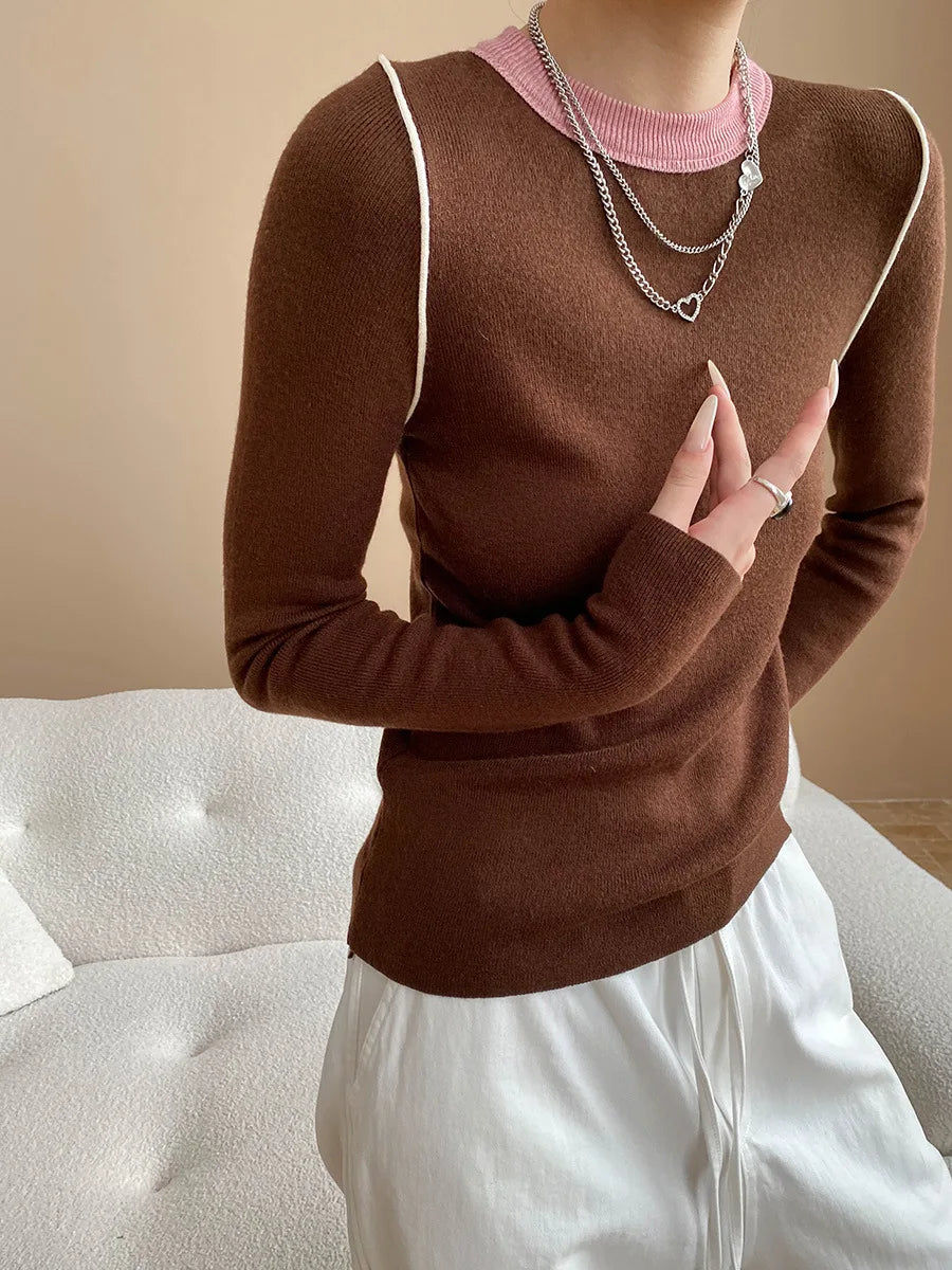 Autumn color palette design, contrasting colors, front shoulder streamlined, slim fit, slimming effect, base knit sweater