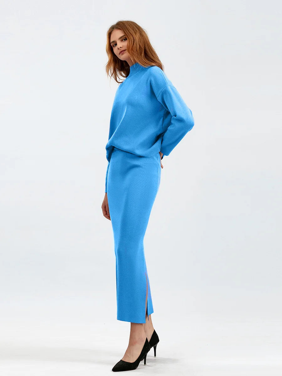 Autumn Women Split Knitted Skirt Suit Fashion Casual Loose Sweater Long Skirts 2 Piece Set Women Outifits Elegant Winter NS5967