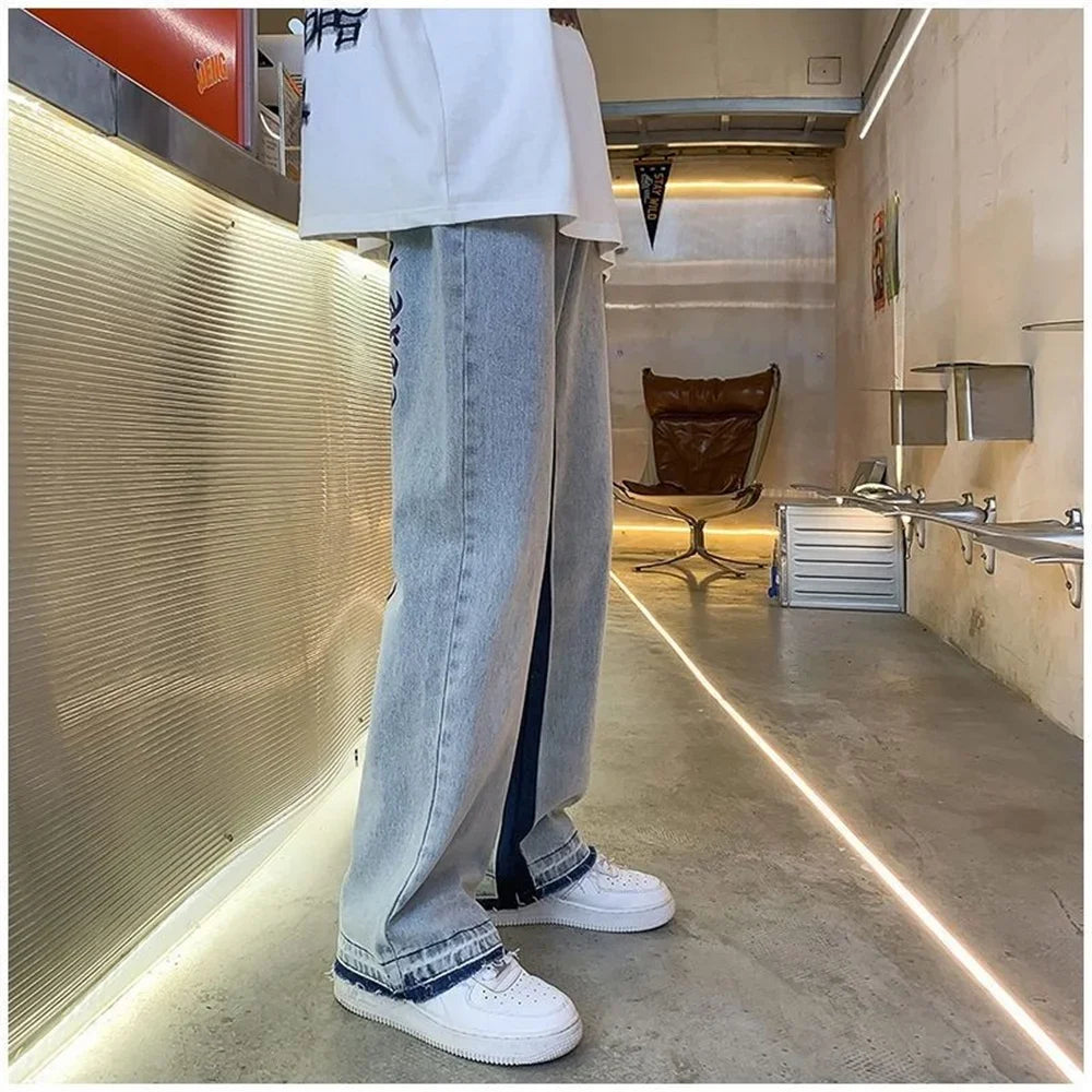 2025 European Men's jeans Neutral Wide Leg Denim Trousers Loose Straight letter print Baggy Man Jean Pants Casual Baggy hip hop