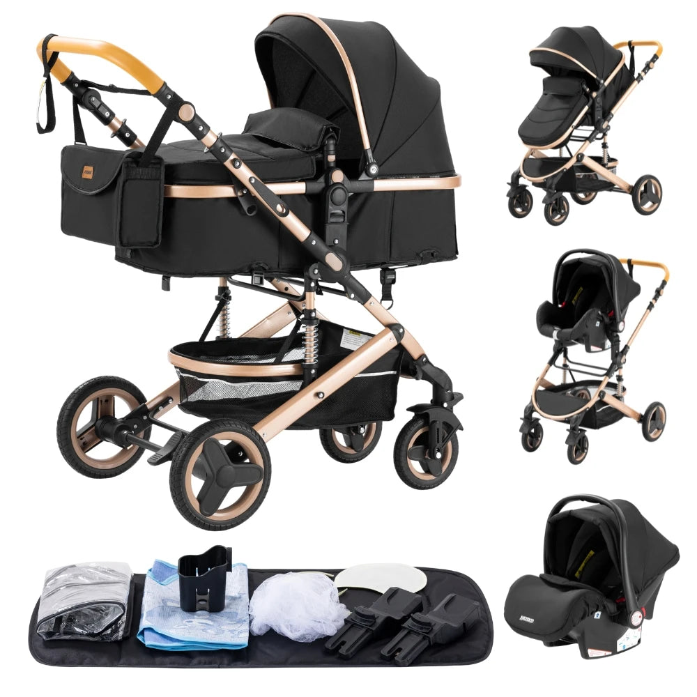 New Luxury Baby Stroller 3 in 1 Portable Travel Baby Carriage Fold Pram High Landscape Aluminum Frame Newborn Infant Stroller