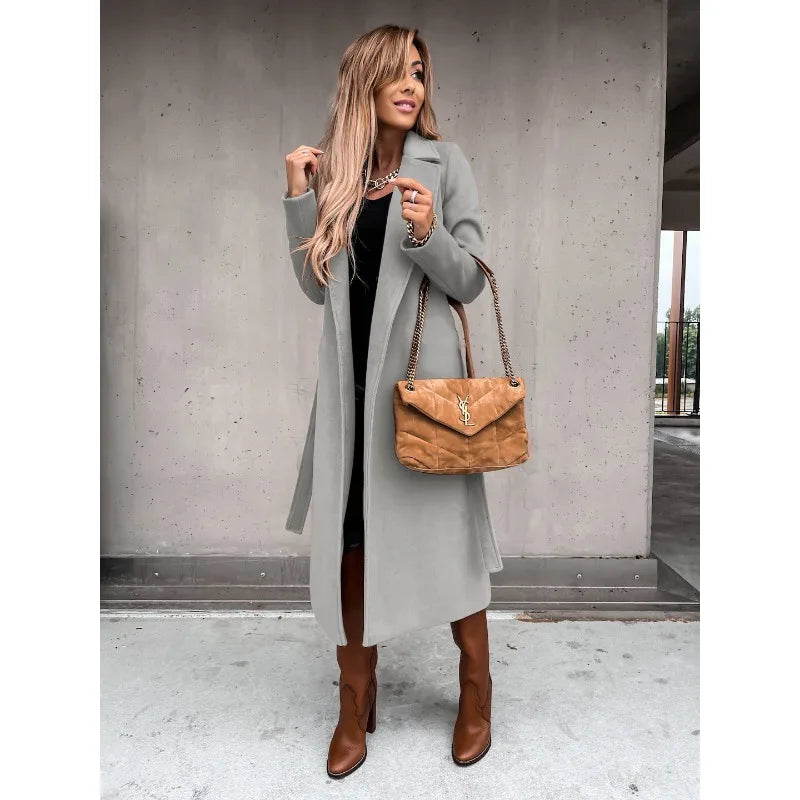 Autumn Winter Women Woolen Jacket Top Outwear Elegant Fashion Long Sleeve Lapel Collar Belt Trench Coat Overcoat Streetwear