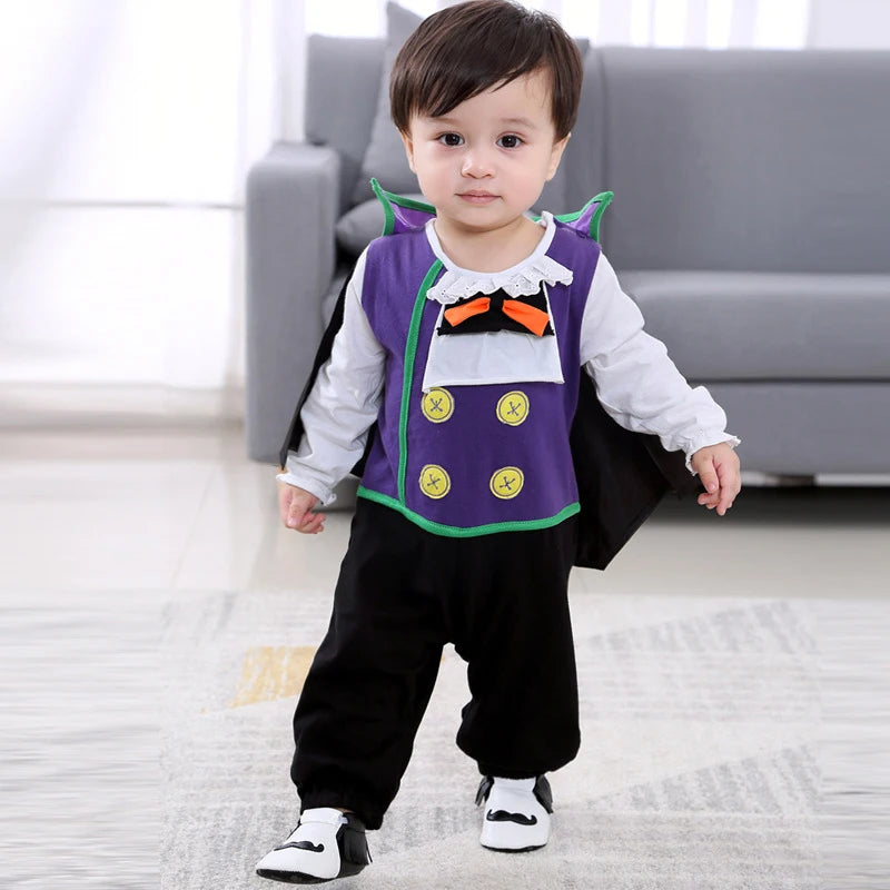 2025 Baby Halloween Romper Print Hat+Romper Bat Cosplay Costume Bag Gift Boy Girl Bone Pumpkin Bodysuit Vampire Clothes