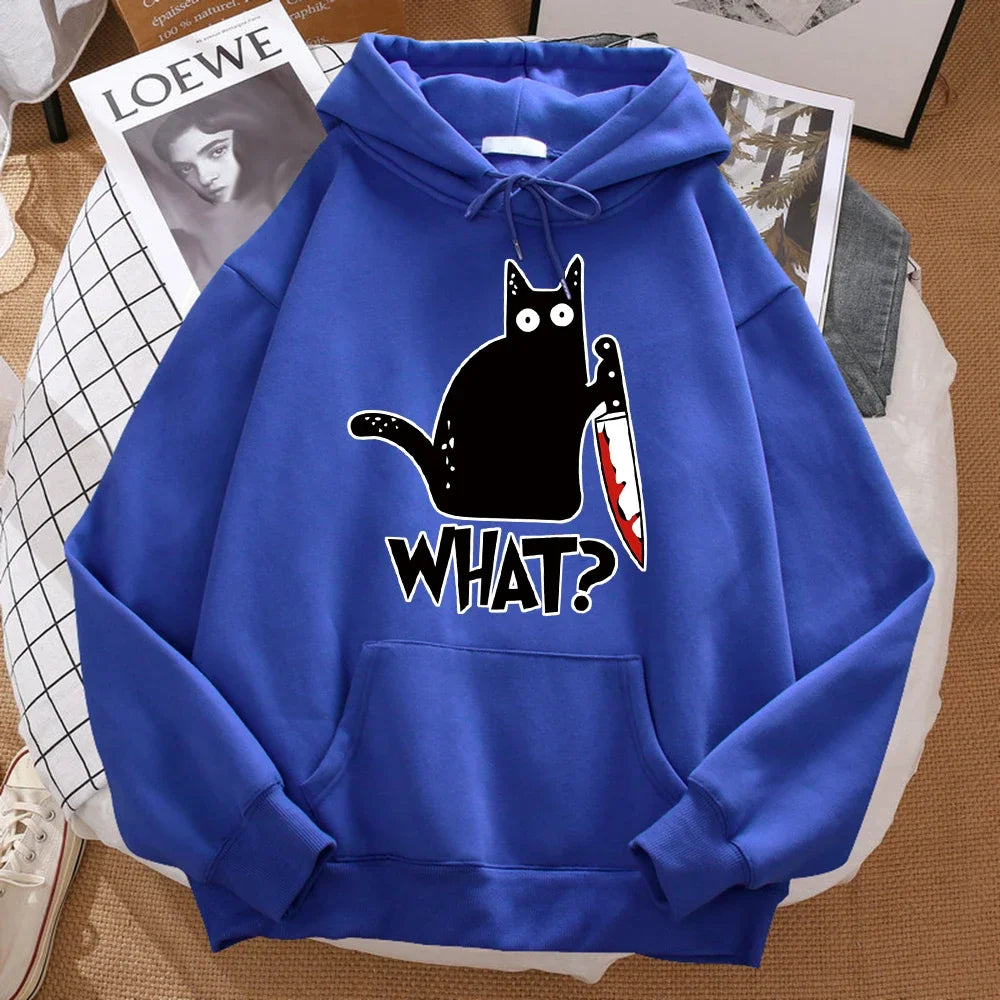 Autumn What Cute Little Black Cat Holding A Knife Print Men Hoodie Street Fleece Hoody Hipster Sweatshirt Hip Hop Woman Pullover