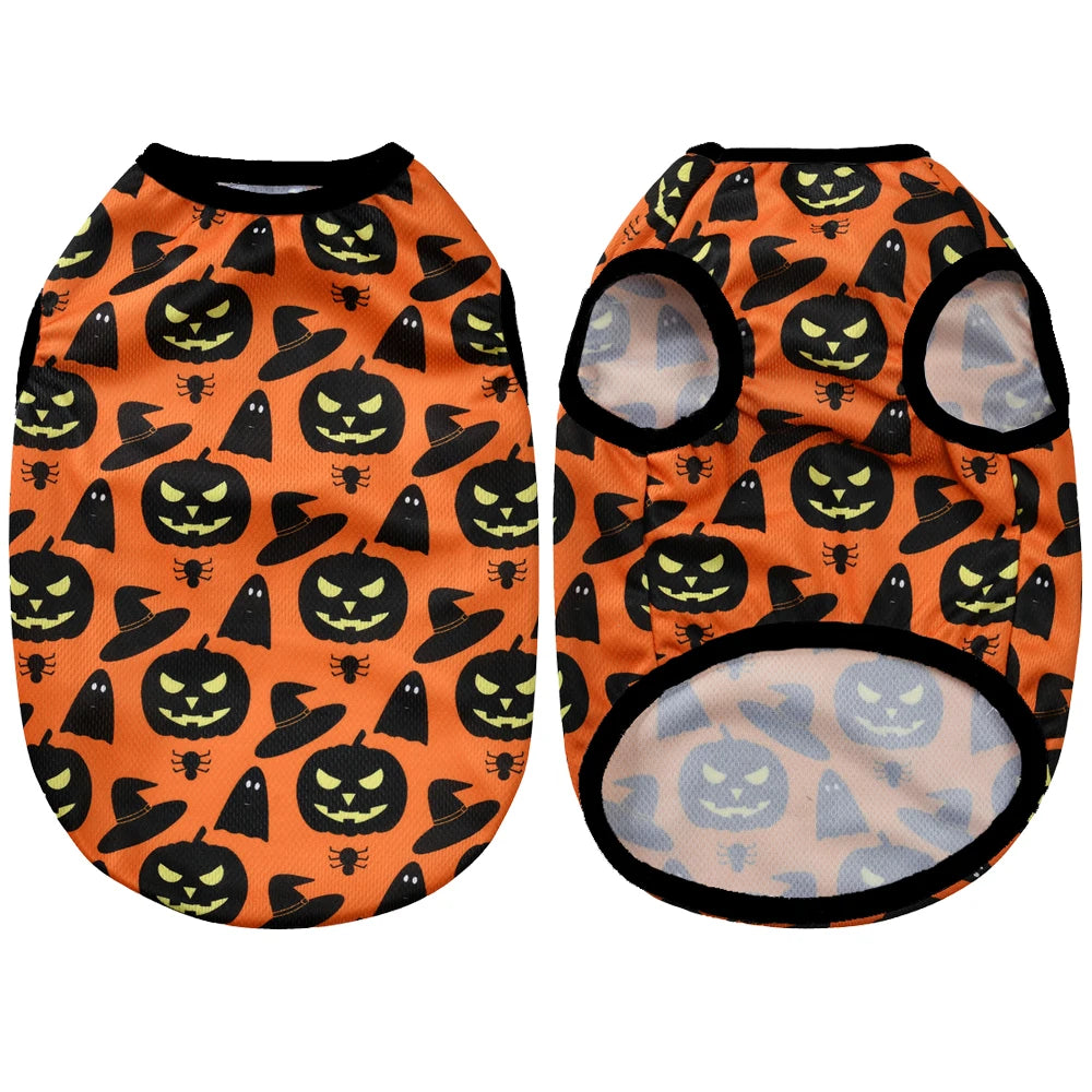 Halloween Pumpkin Print Dog Clothes For Small Medium Dogs Cats Breathable Pet T-shirt Chihuahua French Bulldog Puppy Costumes