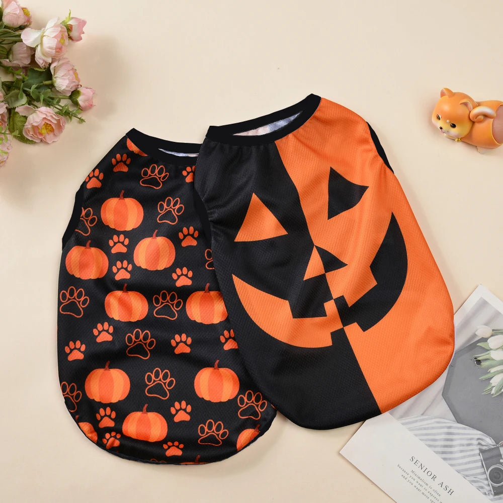 Halloween Pumpkin Print Dog Clothes For Small Medium Dogs Cats Breathable Pet T-shirt Chihuahua French Bulldog Puppy Costumes