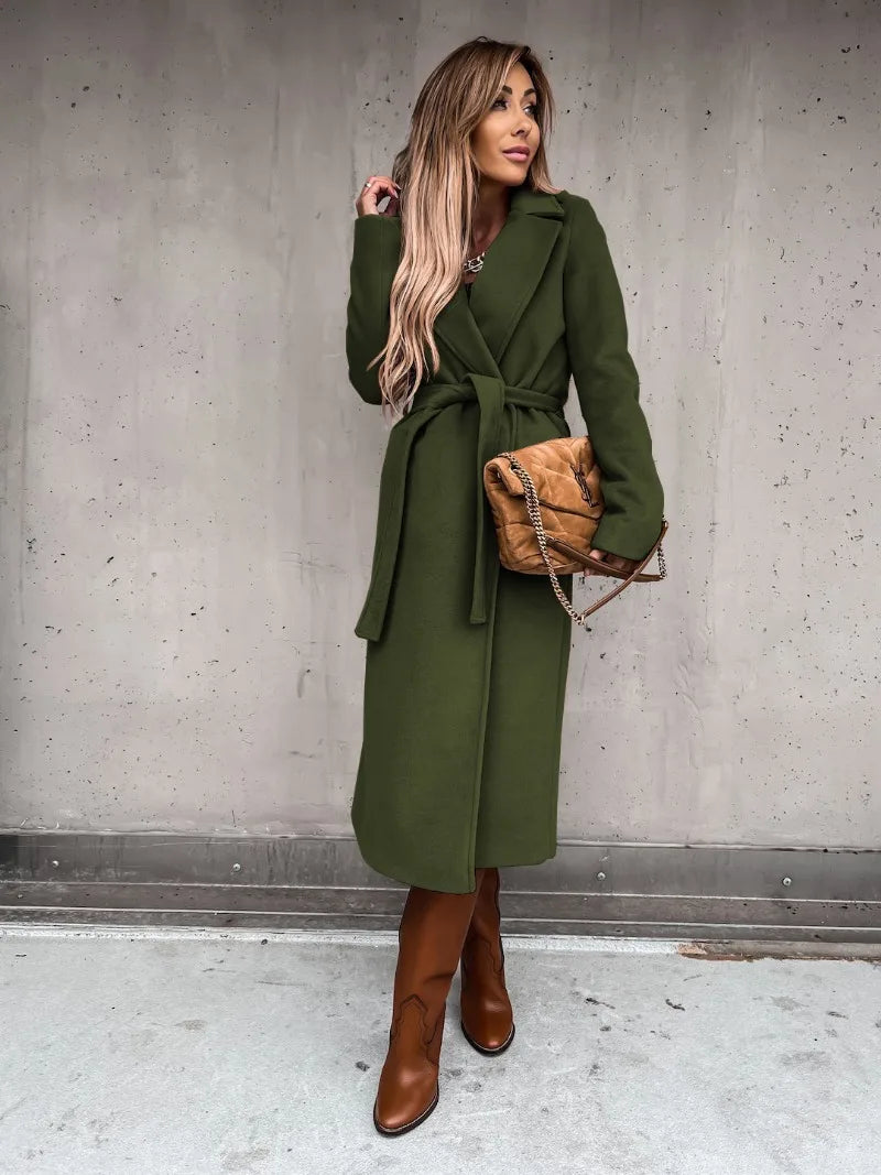 Autumn Winter Women Woolen Jacket Top Outwear Elegant Fashion Long Sleeve Lapel Collar Belt Trench Coat Overcoat Streetwear