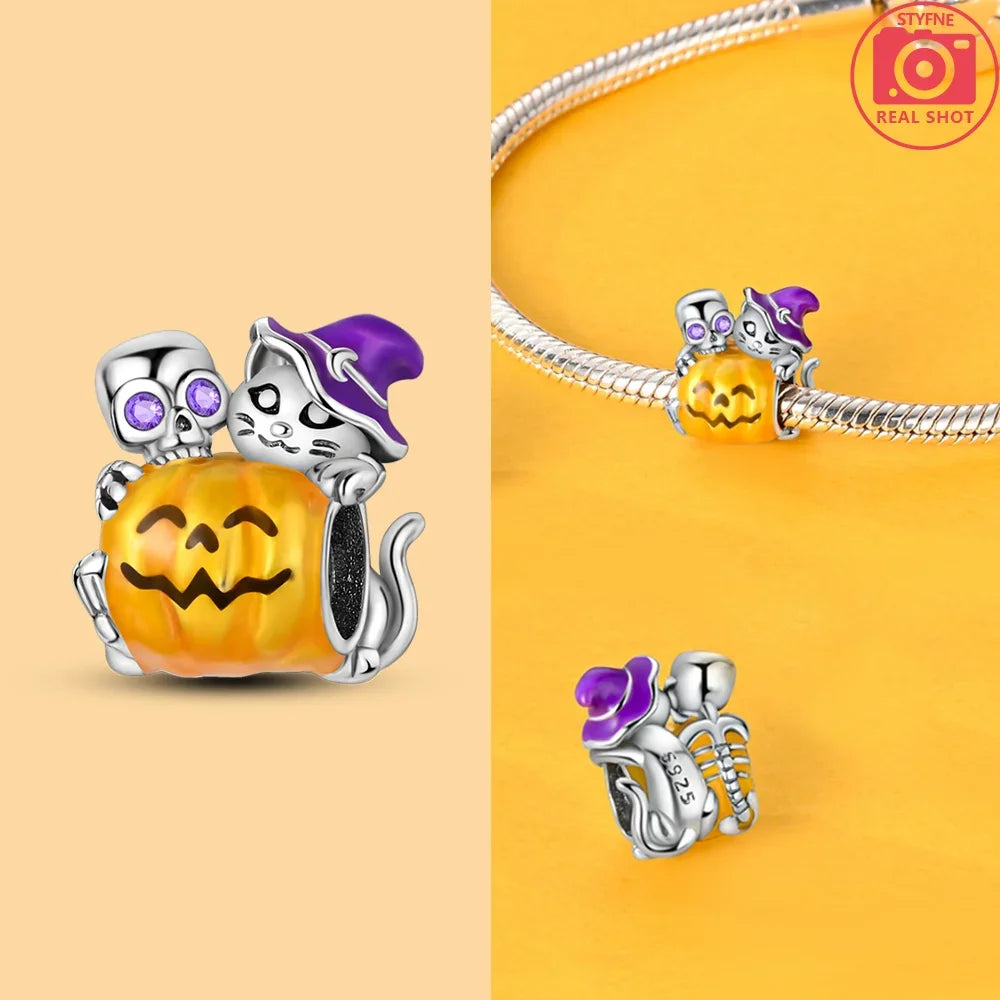 925 Silver Original Yellow Luminous Pumpkin Cart Halloween Ghost Heart Charms Beads Fit Bracelet Jewelry Diy Women Birthday Gift