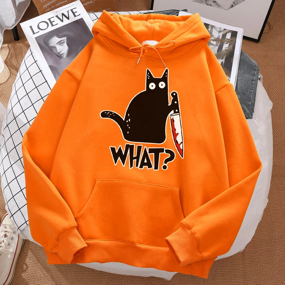 Autumn What Cute Little Black Cat Holding A Knife Print Men Hoodie Street Fleece Hoody Hipster Sweatshirt Hip Hop Woman Pullover