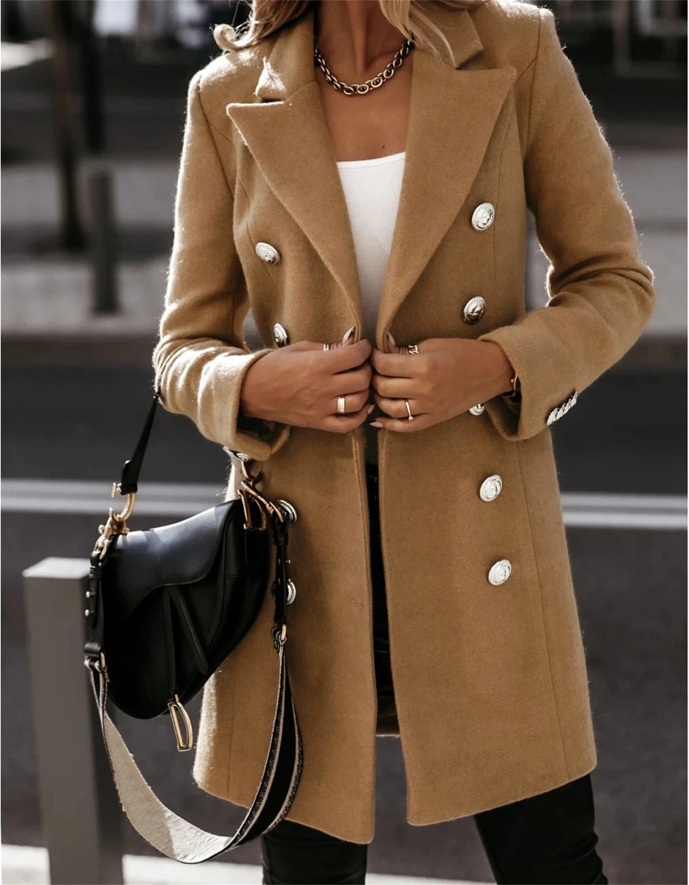 Autumn and Winter Women's Wear Versatile New Europe and America Autumn and Winter Long sleeved Double breasted Woolen Coat Coat