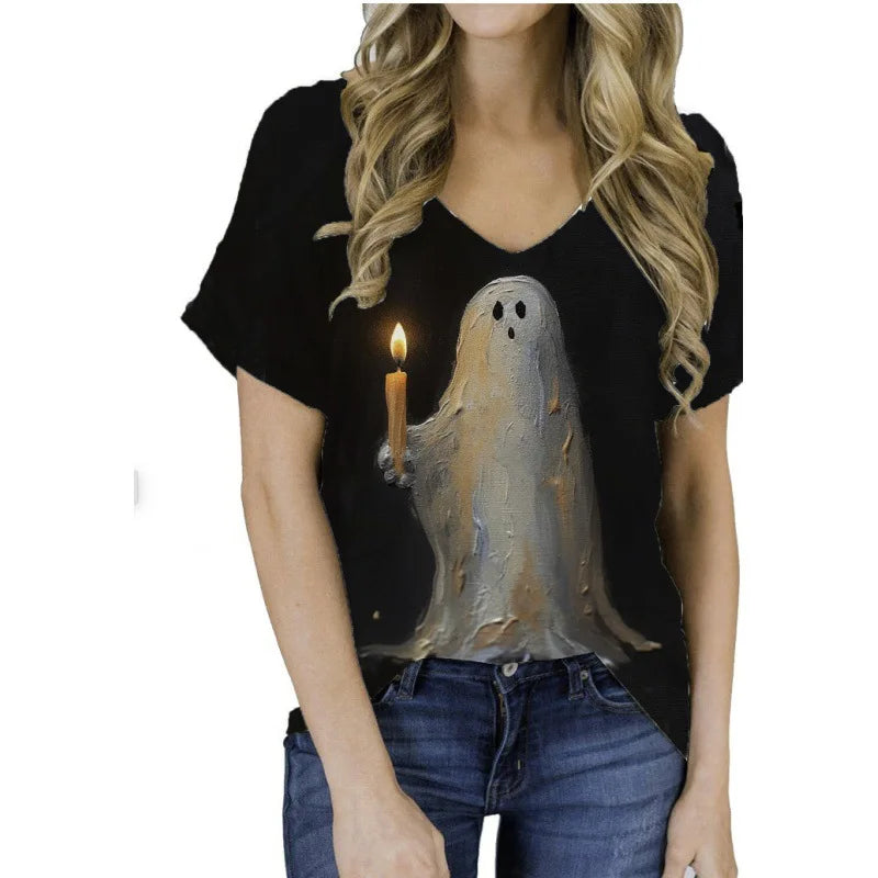 Halloween Cat Ghost 3D Print T-Shirts Women Casual V-Neck Short Sleeve T Shirt Y2k Tops Harajuku Oversized Tees Woman Clothing