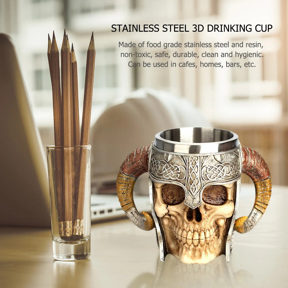 Creative 3D Skull Mug Viking Drinking Cup Resin Stainless Steel Beer Stein Tankard Coffee Mug Tea Cup Halloween Drinkware Gift