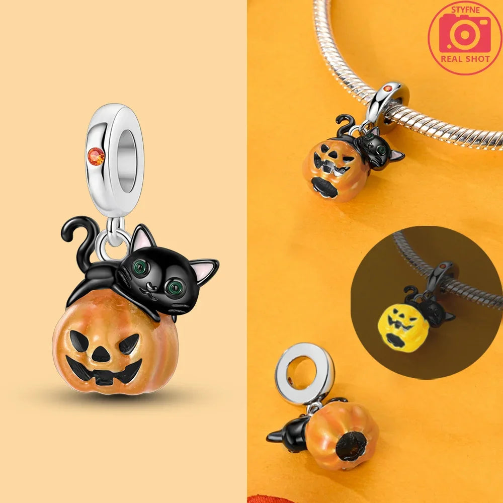 925 Silver Original Yellow Luminous Pumpkin Cart Halloween Ghost Heart Charms Beads Fit Bracelet Jewelry Diy Women Birthday Gift