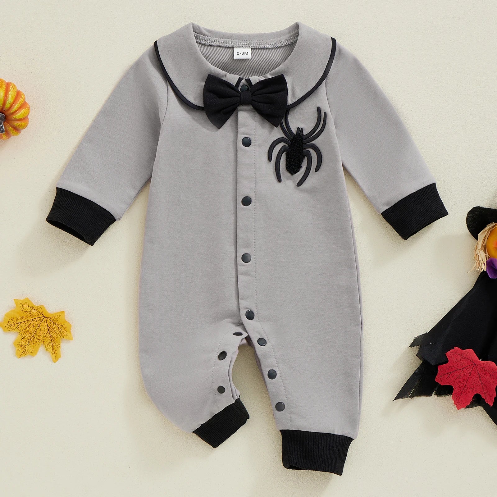 Suefunskry Baby Boy Halloween Romper Embroidery Bow Tie Long Sleeve Lapel Neck Button-up Fall Jumpsuit
