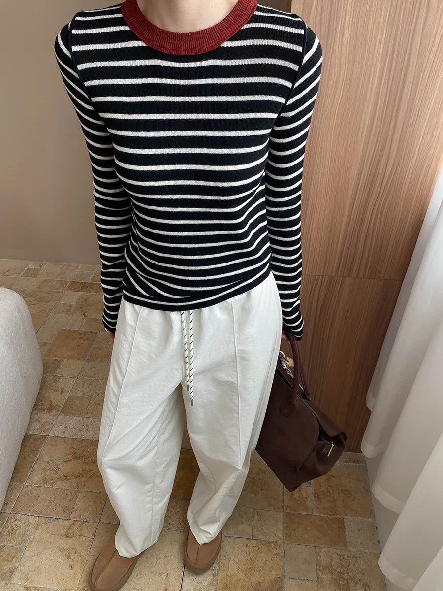 Autumn color palette design, contrasting colors, front shoulder streamlined, slim fit, slimming effect, base knit sweater