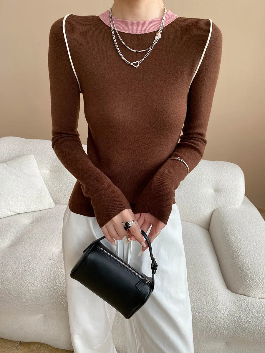 Autumn color palette design, contrasting colors, front shoulder streamlined, slim fit, slimming effect, base knit sweater