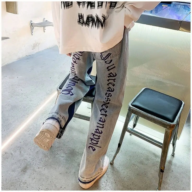 2025 European Men's jeans Neutral Wide Leg Denim Trousers Loose Straight letter print Baggy Man Jean Pants Casual Baggy hip hop