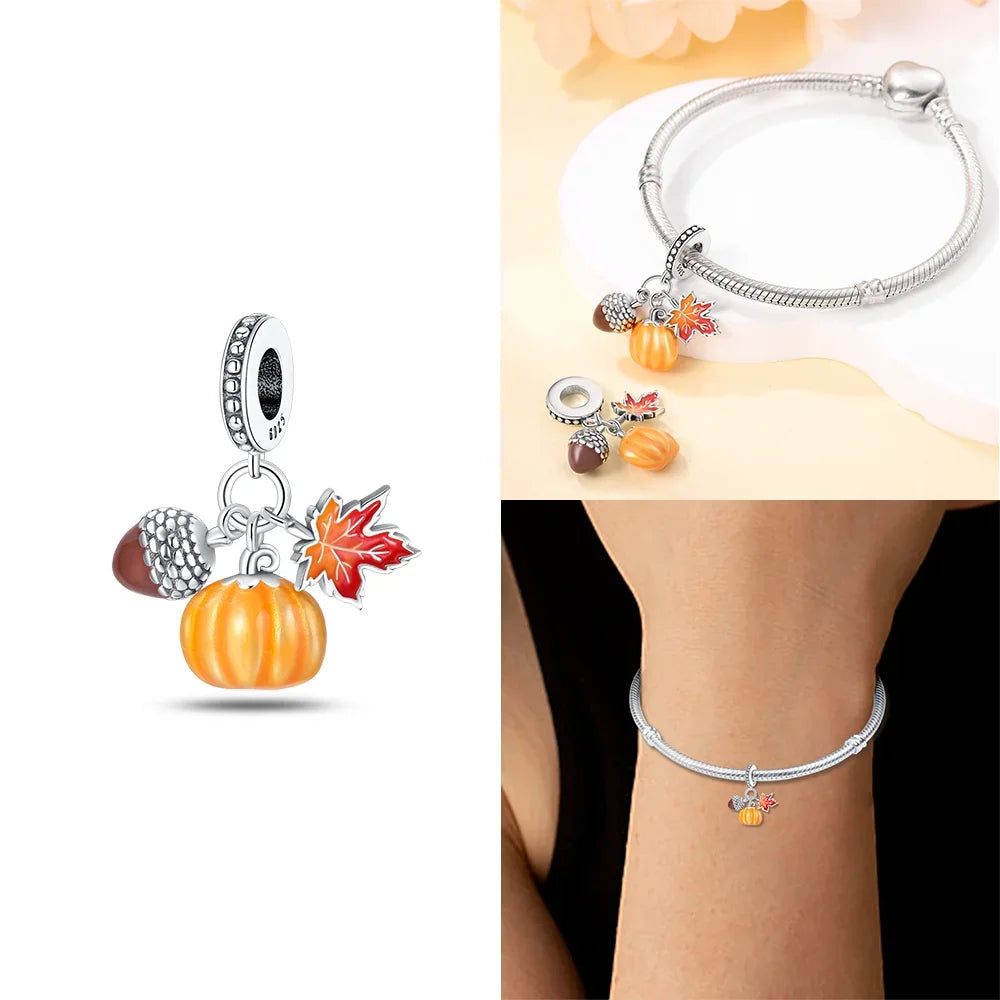 925 Silver Original Yellow Luminous Pumpkin Cart Halloween Ghost Heart Charms Beads Fit Bracelet Jewelry Diy Women Birthday Gift