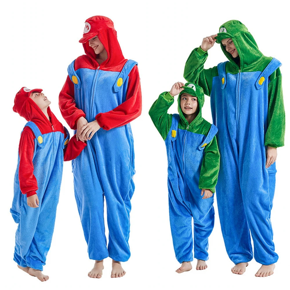Flannel Zipper New Red Green Super Brother Kigurumi Adult Onesie Cartoon Pajama Animal Halloween Funny Jumpsuits Hooded Pyjamas