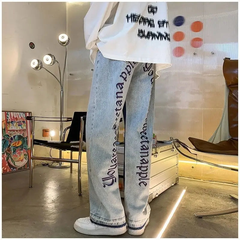 2025 European Men's jeans Neutral Wide Leg Denim Trousers Loose Straight letter print Baggy Man Jean Pants Casual Baggy hip hop