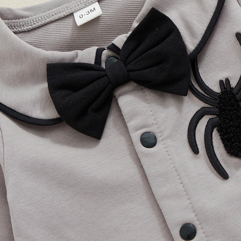Suefunskry Baby Boy Halloween Romper Embroidery Bow Tie Long Sleeve Lapel Neck Button-up Fall Jumpsuit