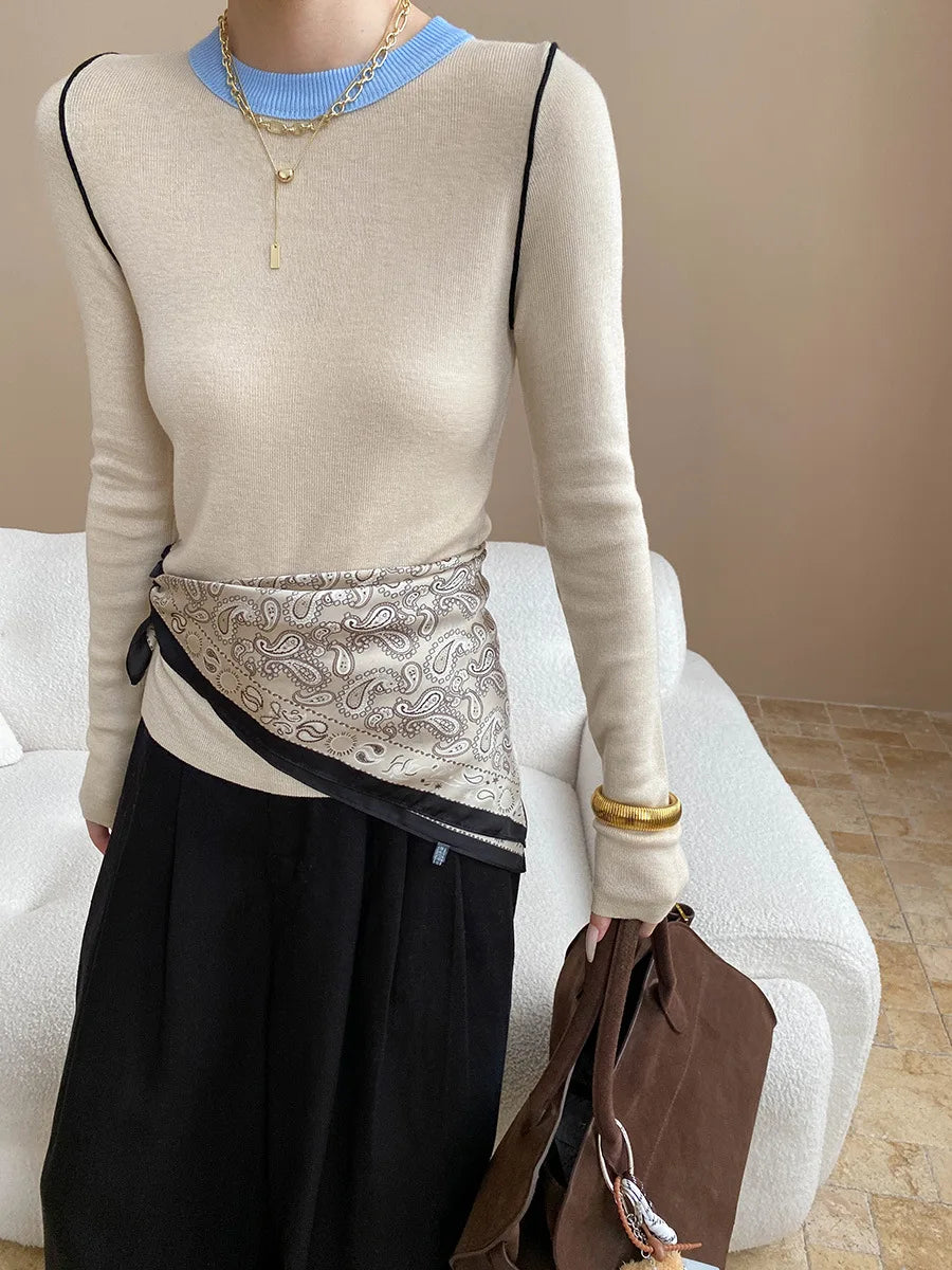 Autumn color palette design, contrasting colors, front shoulder streamlined, slim fit, slimming effect, base knit sweater