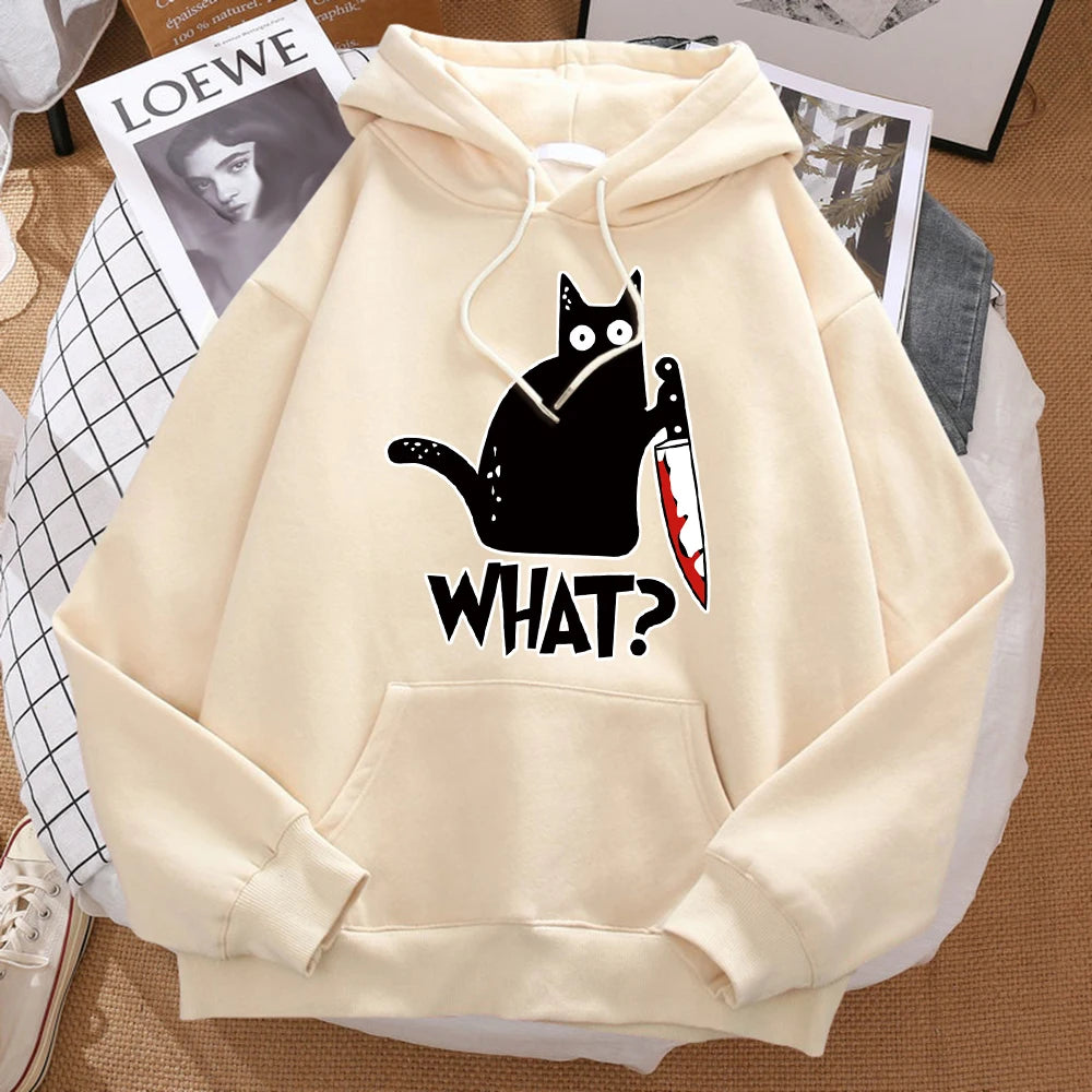 Autumn What Cute Little Black Cat Holding A Knife Print Men Hoodie Street Fleece Hoody Hipster Sweatshirt Hip Hop Woman Pullover