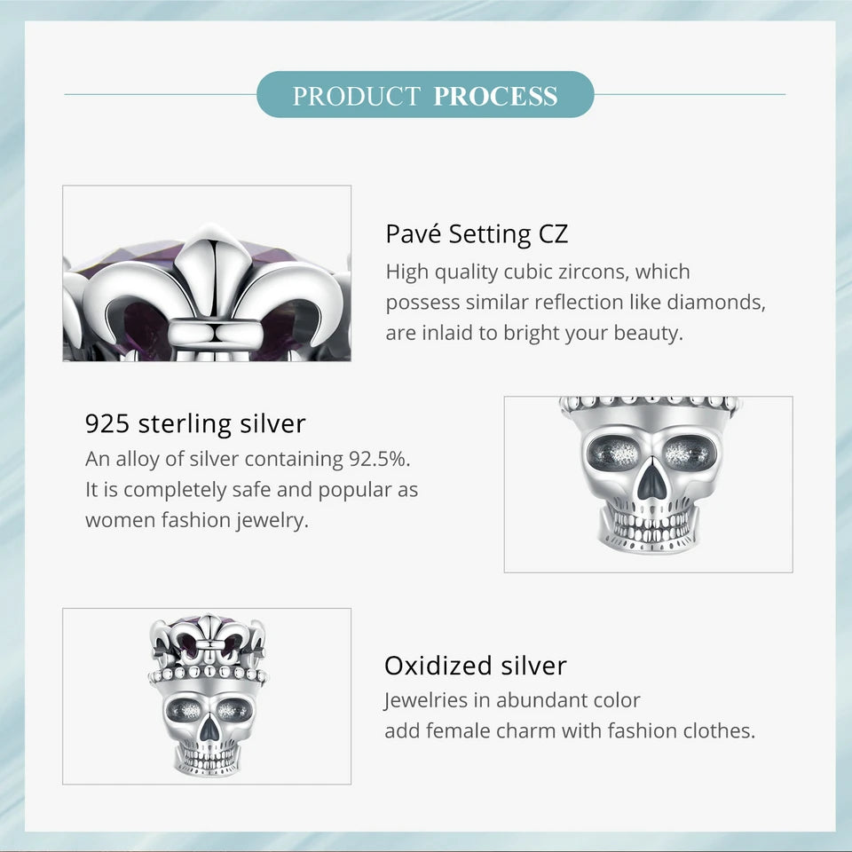 BAMOER 925 Sterling Silver Skull Beads Crown Charms for Women Halloween Jewelry Gift Bracelet Necklace DIY Accessories