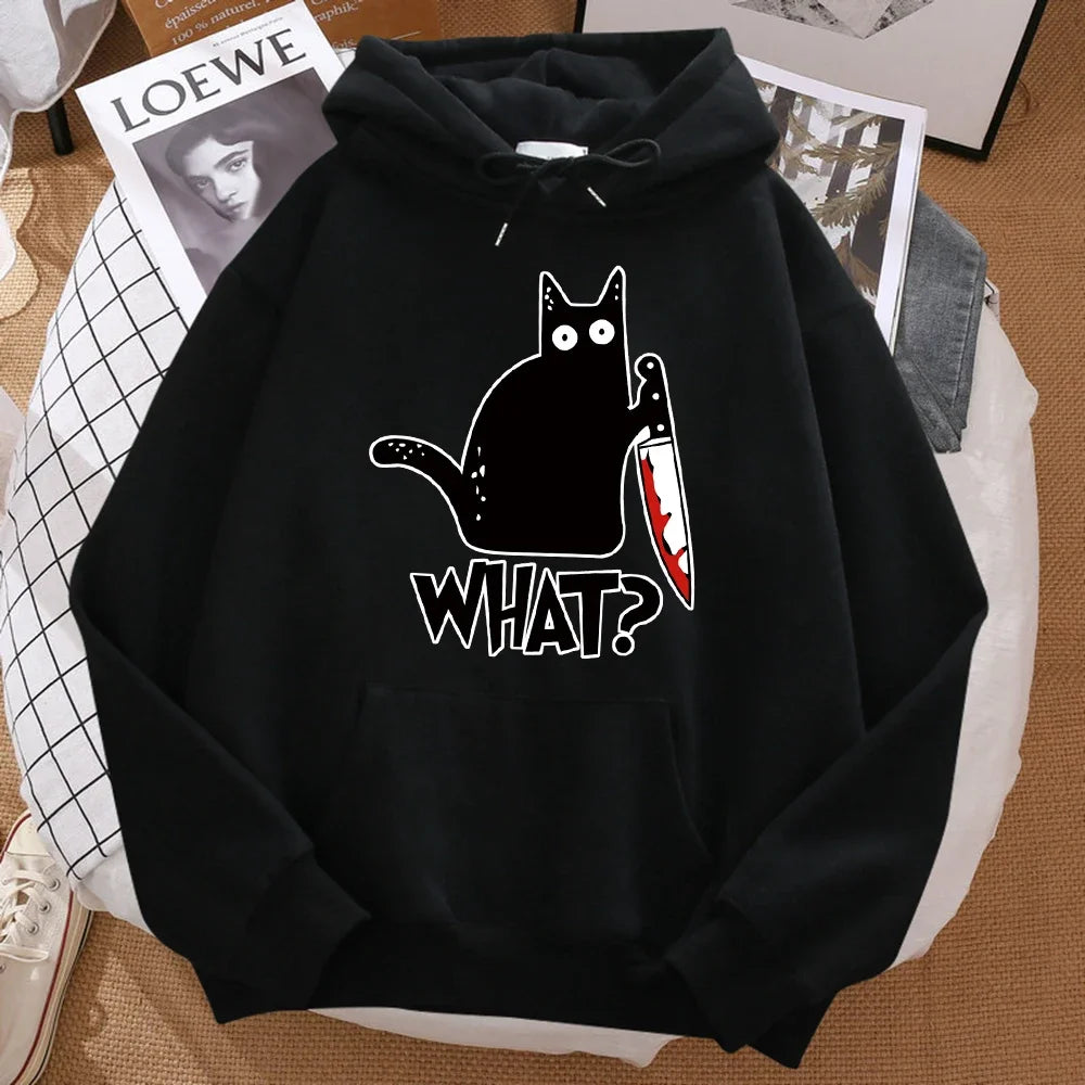 Autumn What Cute Little Black Cat Holding A Knife Print Men Hoodie Street Fleece Hoody Hipster Sweatshirt Hip Hop Woman Pullover