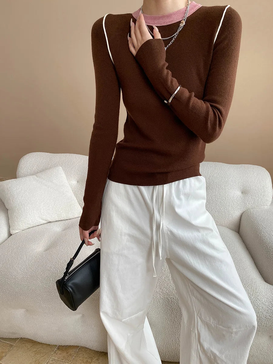 Autumn color palette design, contrasting colors, front shoulder streamlined, slim fit, slimming effect, base knit sweater