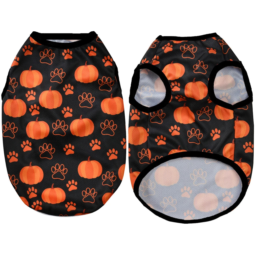 Halloween Pumpkin Print Dog Clothes For Small Medium Dogs Cats Breathable Pet T-shirt Chihuahua French Bulldog Puppy Costumes