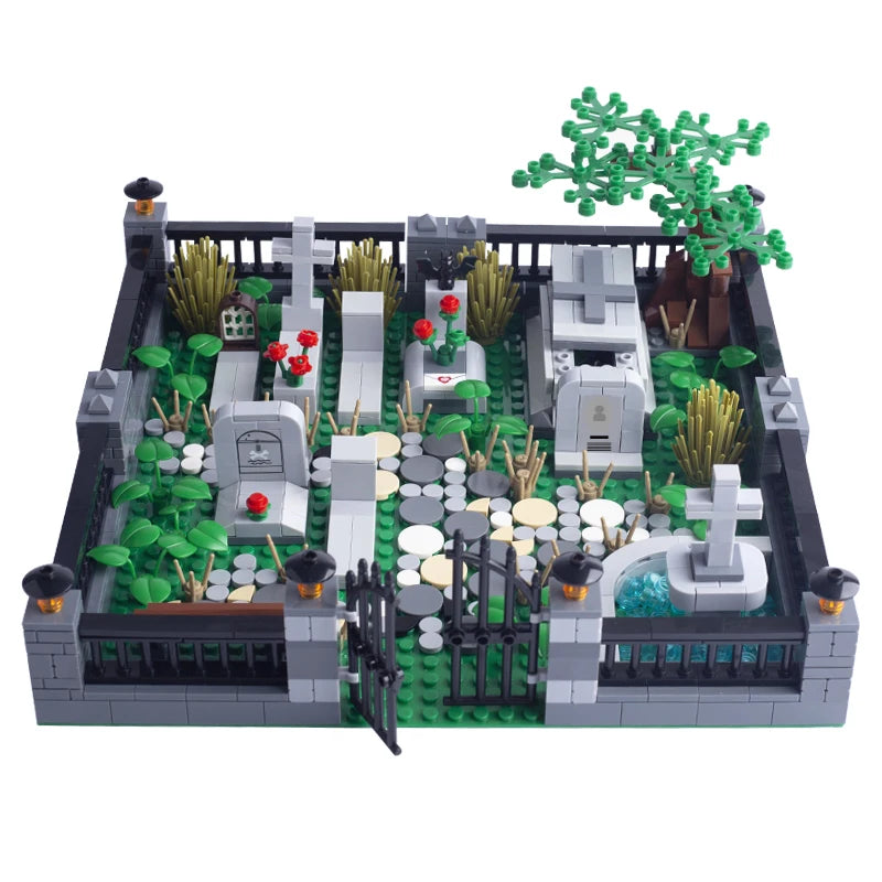 City Halloween Cemetery Scene Skeleton Soldier Figures Building Blocks Zombie Grave Ghost Plant Pumpkin MOC Bricks Kids Toy Gift