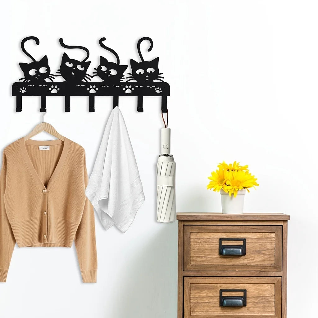 CIFBUY Black Cats Wall Hooks Key Holder Halloween Cats Decorative Hooks Rack Hangers Iron Hook Wall Mounted Hooker With 7 Hooks