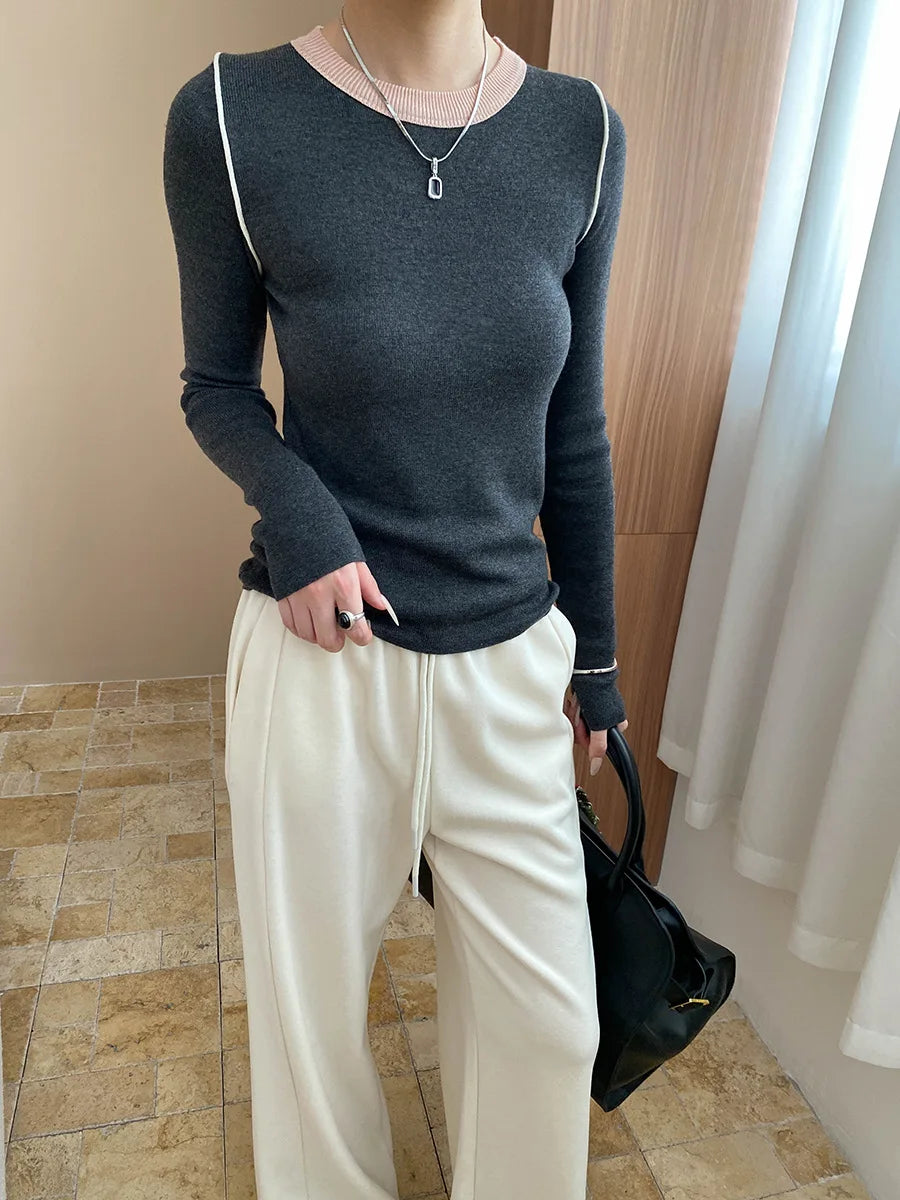 Autumn color palette design, contrasting colors, front shoulder streamlined, slim fit, slimming effect, base knit sweater