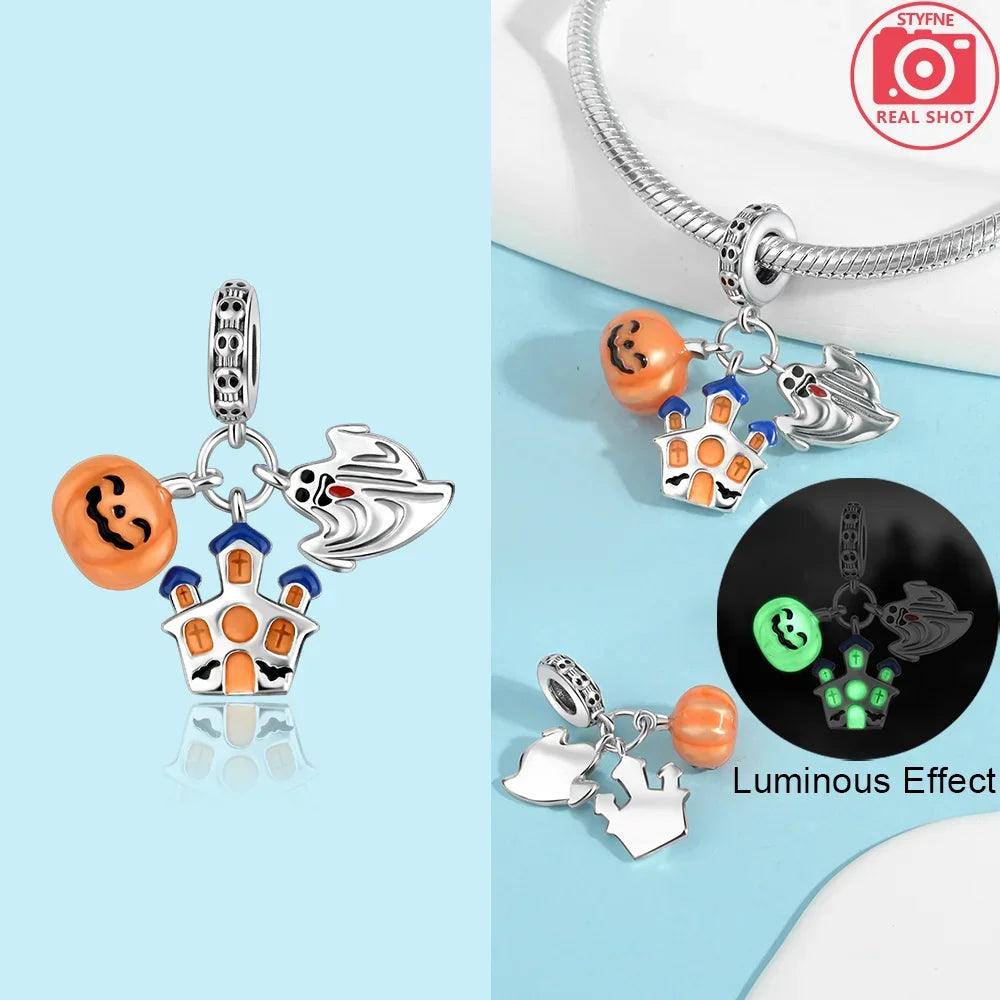 925 Silver Original Yellow Luminous Pumpkin Cart Halloween Ghost Heart Charms Beads Fit Bracelet Jewelry Diy Women Birthday Gift