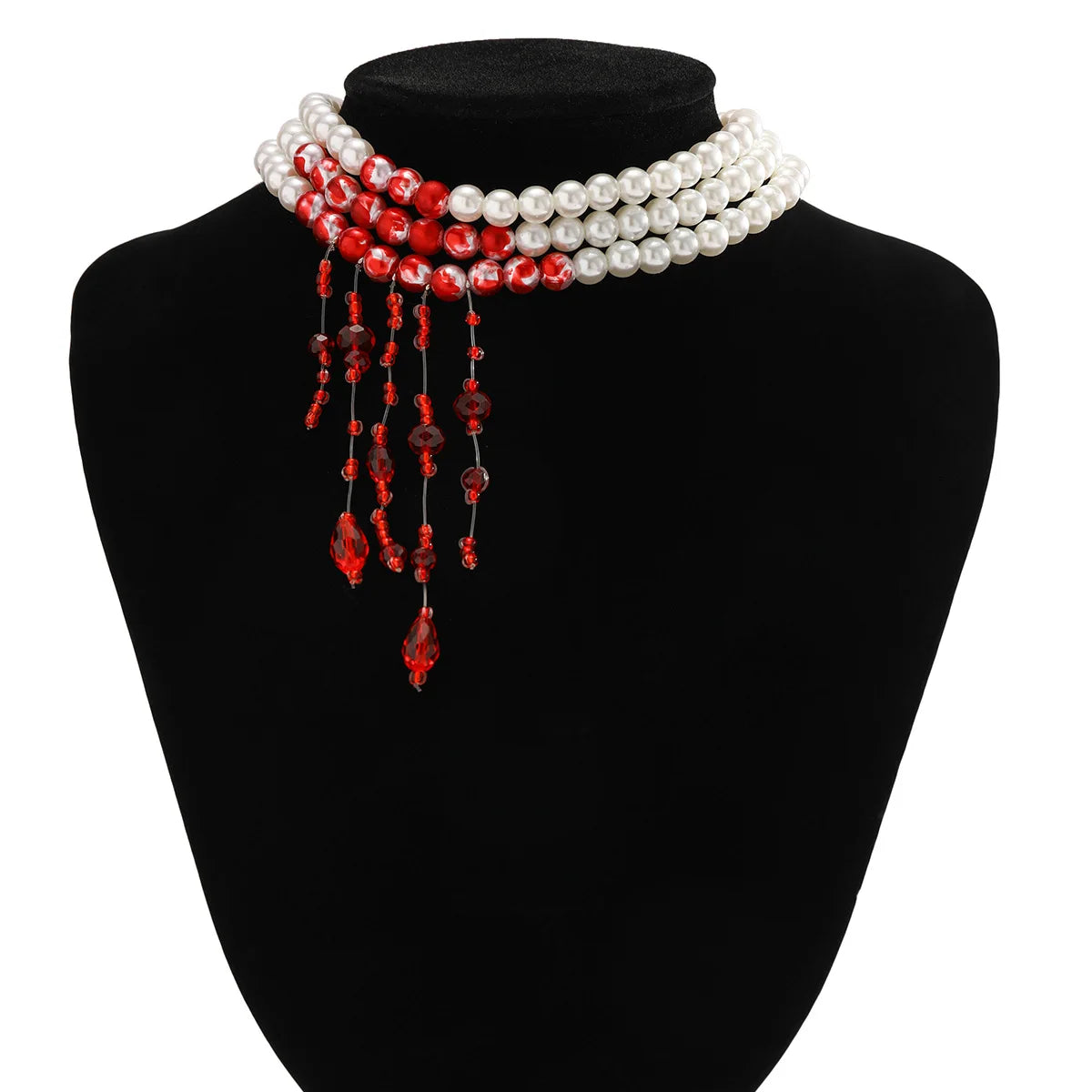 Multilayer Vintage Red Blood Pattern Imitation Pearl Tassel Pendant Necklace for Women Goth Crystal Bead Chain Halloween Jewelry