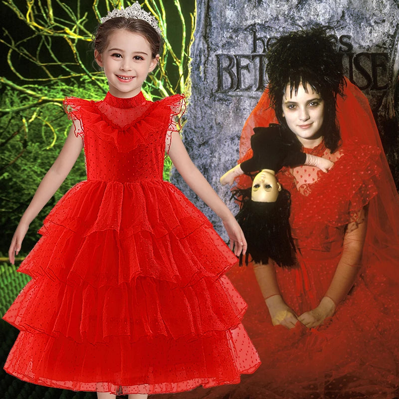 Lydia Deetz Red Horror Ghost Bride Cosplay Dress Girls Tulle Gown+Veil+Gloves For Kids Halloween Christmas Party Dress Up 3-14Y