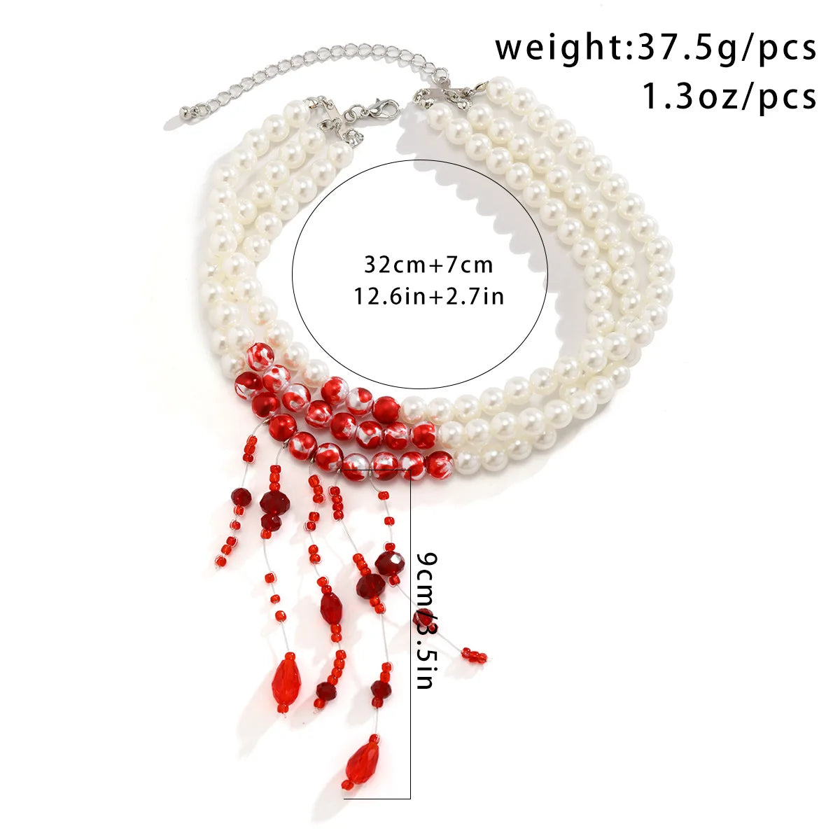 Multilayer Vintage Red Blood Pattern Imitation Pearl Tassel Pendant Necklace for Women Goth Crystal Bead Chain Halloween Jewelry