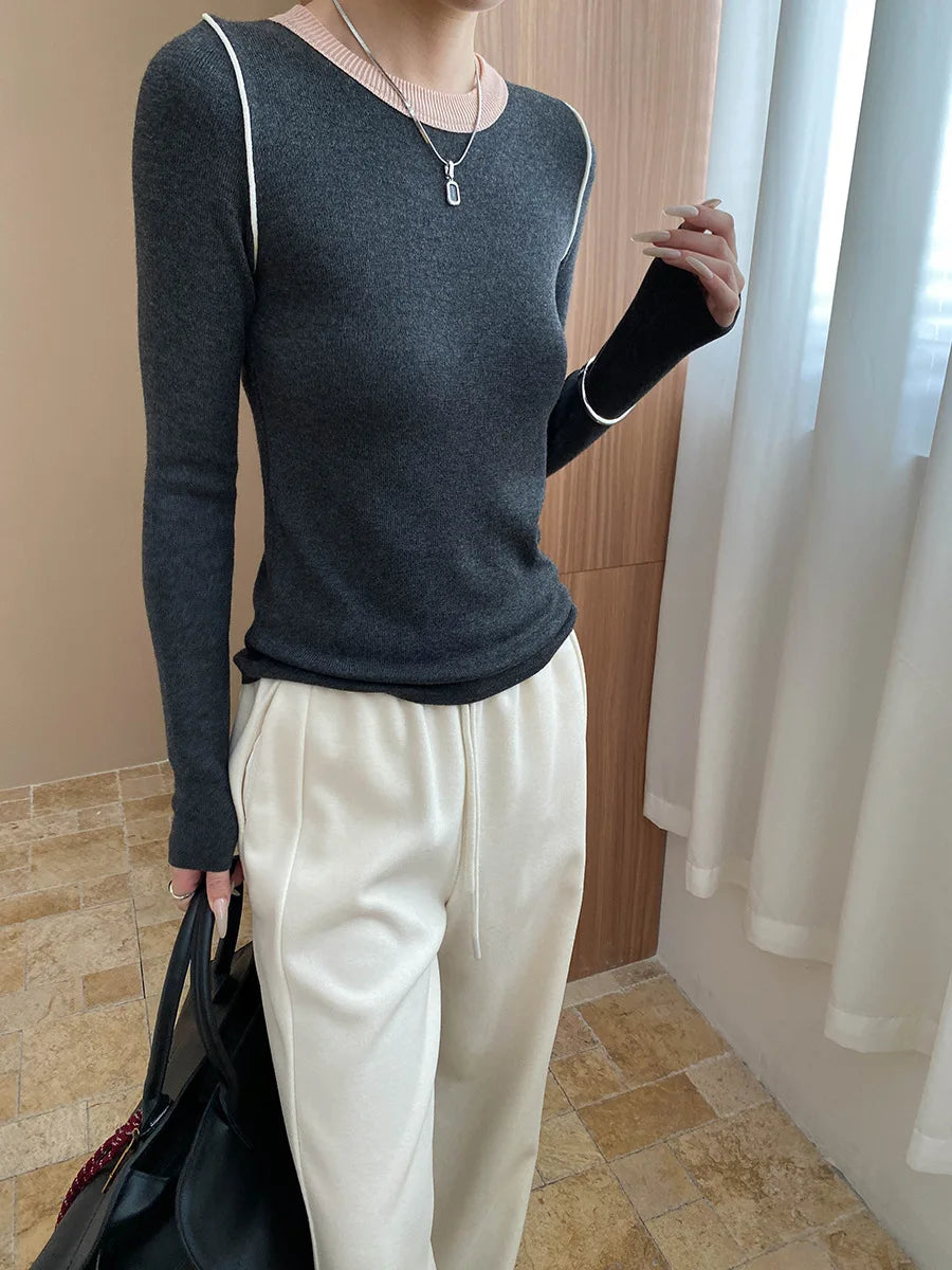 Autumn color palette design, contrasting colors, front shoulder streamlined, slim fit, slimming effect, base knit sweater