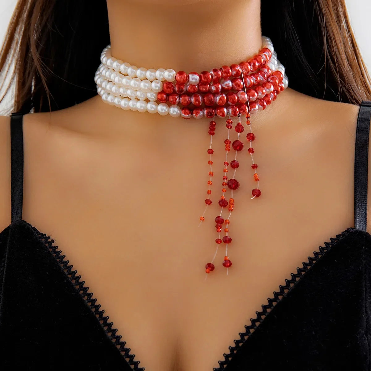 Multilayer Vintage Red Blood Pattern Imitation Pearl Tassel Pendant Necklace for Women Goth Crystal Bead Chain Halloween Jewelry