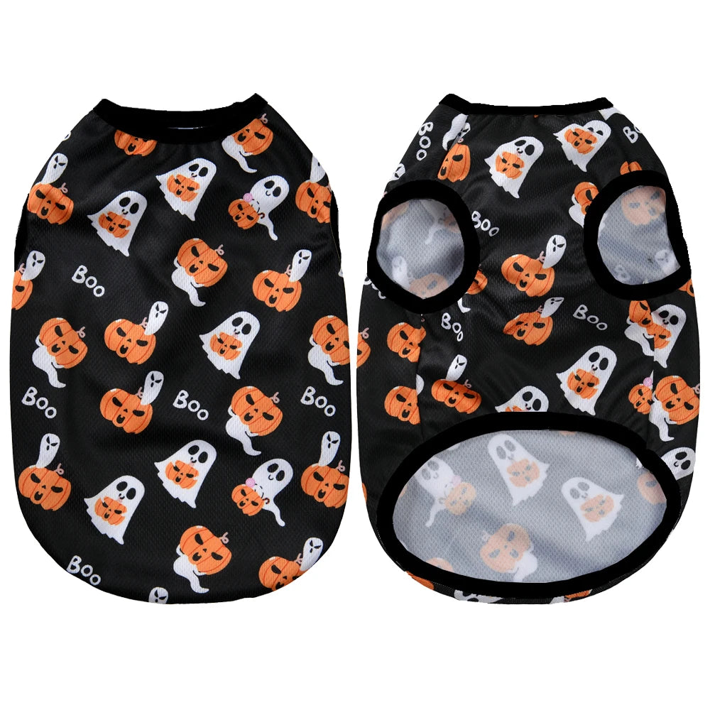 Halloween Pumpkin Print Dog Clothes For Small Medium Dogs Cats Breathable Pet T-shirt Chihuahua French Bulldog Puppy Costumes