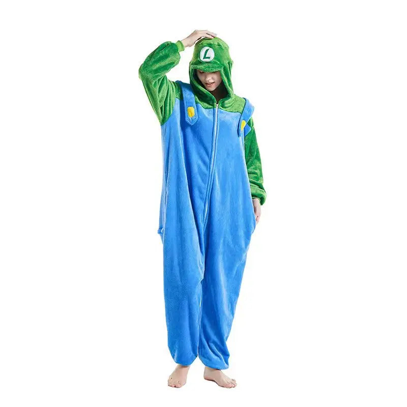 Flannel Zipper New Red Green Super Brother Kigurumi Adult Onesie Cartoon Pajama Animal Halloween Funny Jumpsuits Hooded Pyjamas