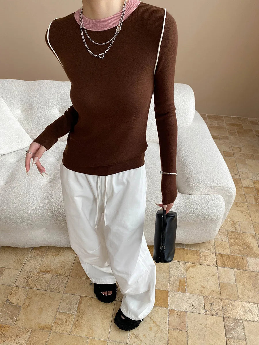 Autumn color palette design, contrasting colors, front shoulder streamlined, slim fit, slimming effect, base knit sweater