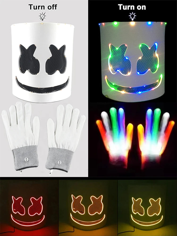 Led Light Up Mask and Gloves DJ Marshmello Head Helmet Light Up Cosplay Head Cover for Men Women Music Festival Halloween props